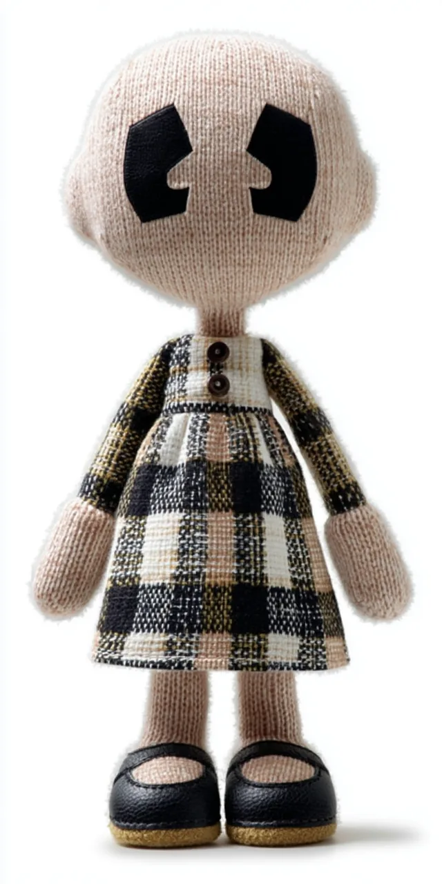 A bald calico Golli Goth rag doll with two black stitched eye patches, a tartan dress and black shoes